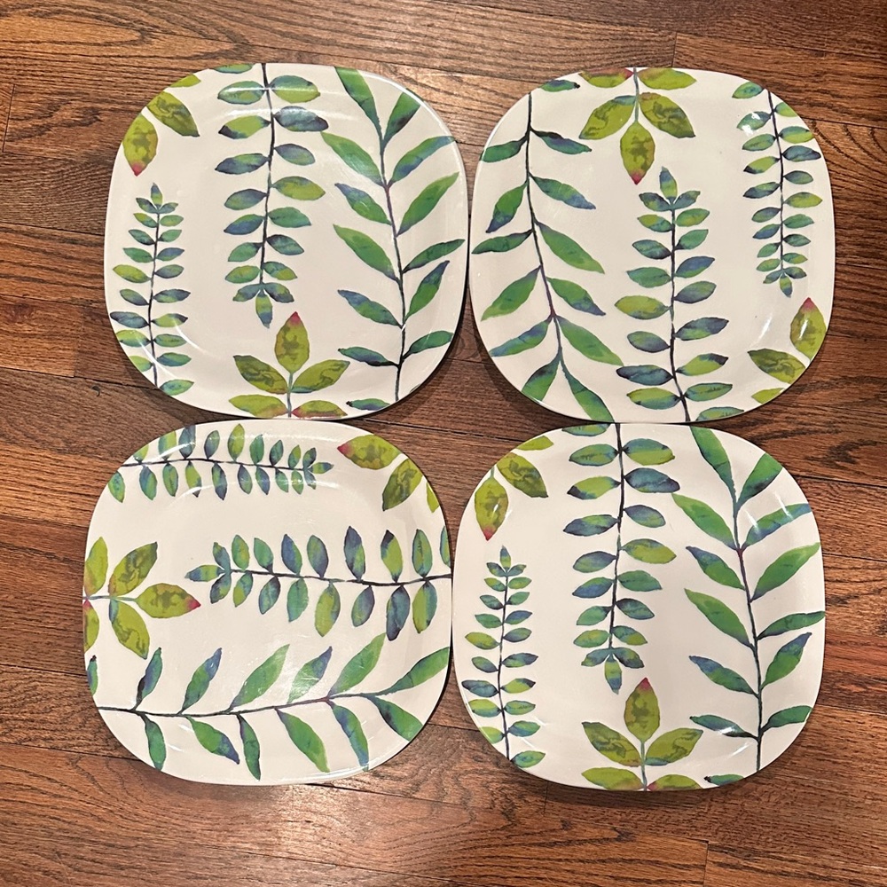 Waverly Leaf Design Square Dinner Plates - Green and Blue